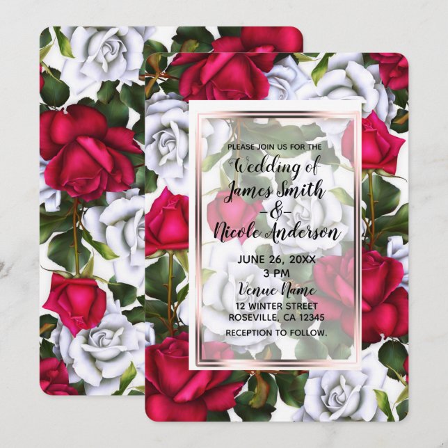 Invitation Mariage Glam Chic Shabby Roses Rouges & Blanches (Devant / Derrière)