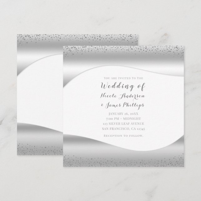Invitation Mariage Glam de luxe Silver Wave Sparkle Parties s (Devant / Derrière)