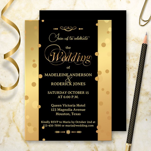 Invitation Mariage Glam Noir Or (A stylish wedding invitation in gold and black with festive confetti sparkles)