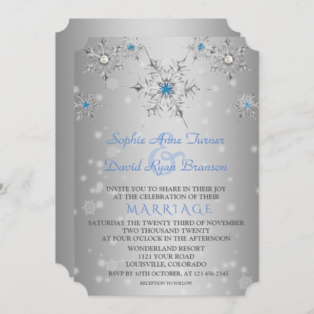 Invitation Mariage Glam Silver Snowflakes Crystal Blue Pearls (Devant / Derrière)