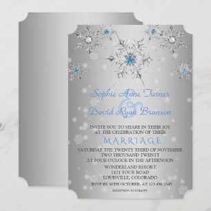 Invitation Mariage Glam Silver Snowflakes Crystal Blue Pearls