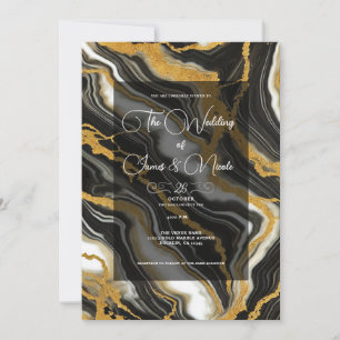 Invitation Mariage Glamour Aspect Marbre Noir Blanc Or Chic