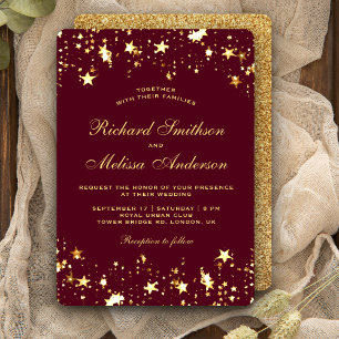 Invitation Mariage Glamour Bourguignon Or Étoiles Faux Paille