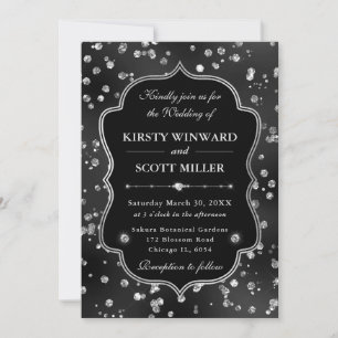 Invitation Mariage Glamour Diamants Paillettes Noirs Élégants