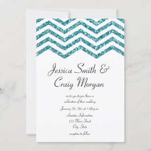 Invitation Mariage Glamour Faux Turquoise Pailleté Chevron