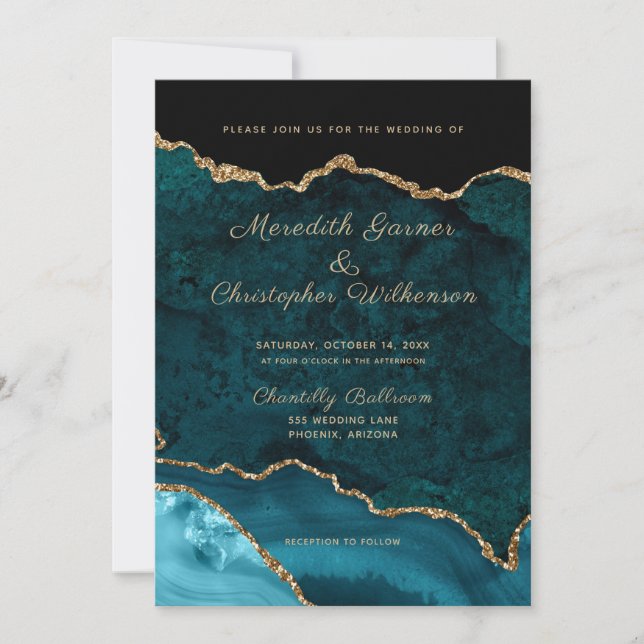 Invitation Mariage Gold Agate turquoise (Devant)