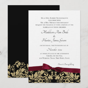 Invitation Mariage Gold Damask et Burgundy Bow