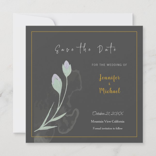 Invitation Mariage Gold Grey Calligrapy Flower Enregistrer la (Devant)