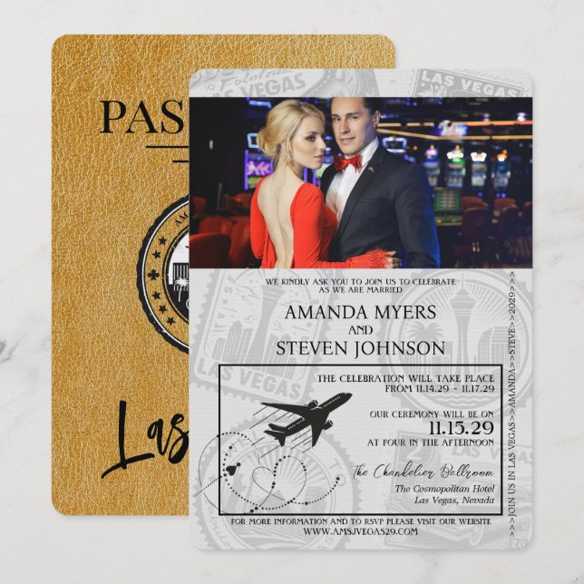 Invitation Mariage Gold Las Vegas Passport (Devant / Derrière)