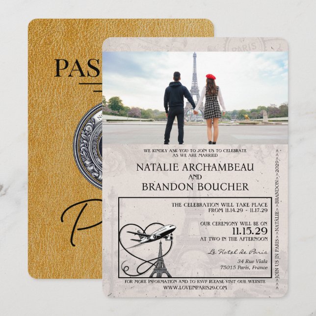 Invitation Mariage Gold Paris Passport (Devant / Derrière)