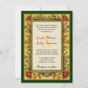 Invitation Mariage Gold Red Green Flowers Vintage W751