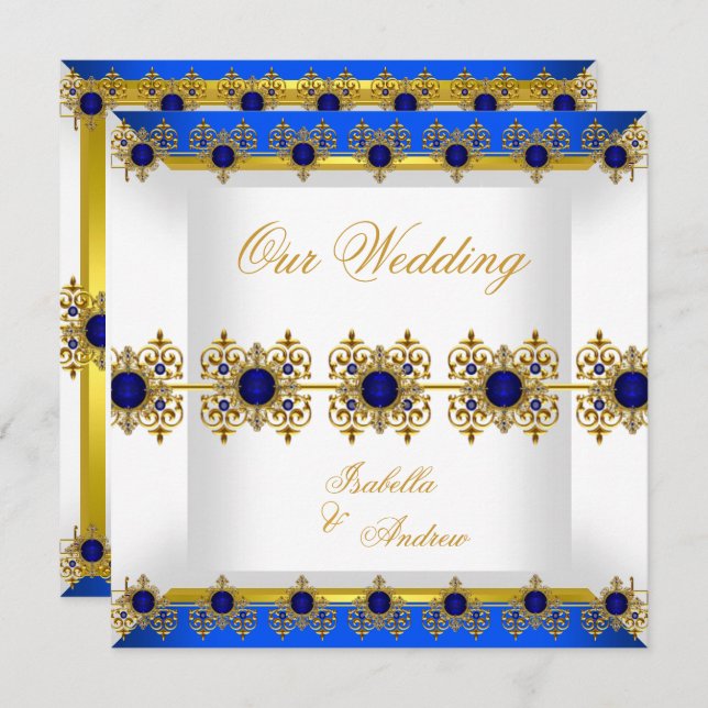 Invitation Mariage Gold Royal Blue Gem Blanc (Devant / Derrière)