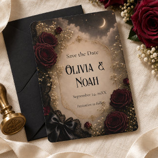 Invitation Mariage gothique à la rose de Bourgogne sous la lu