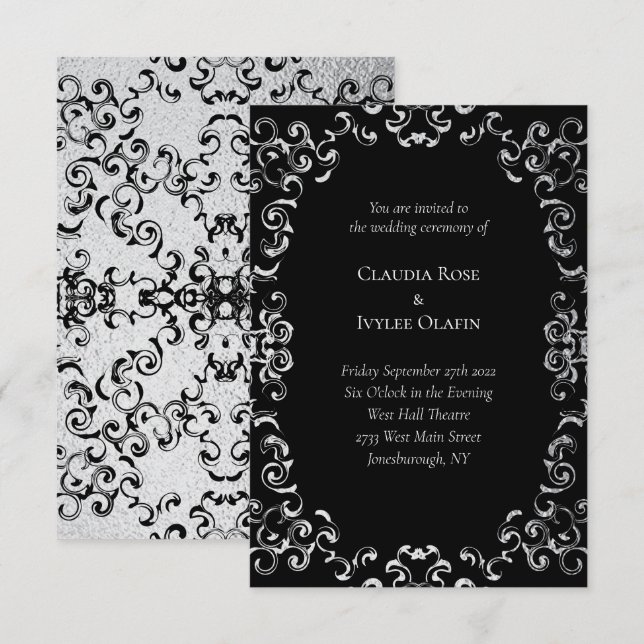Invitation Mariage gothique argenté et noir (Devant / Derrière)