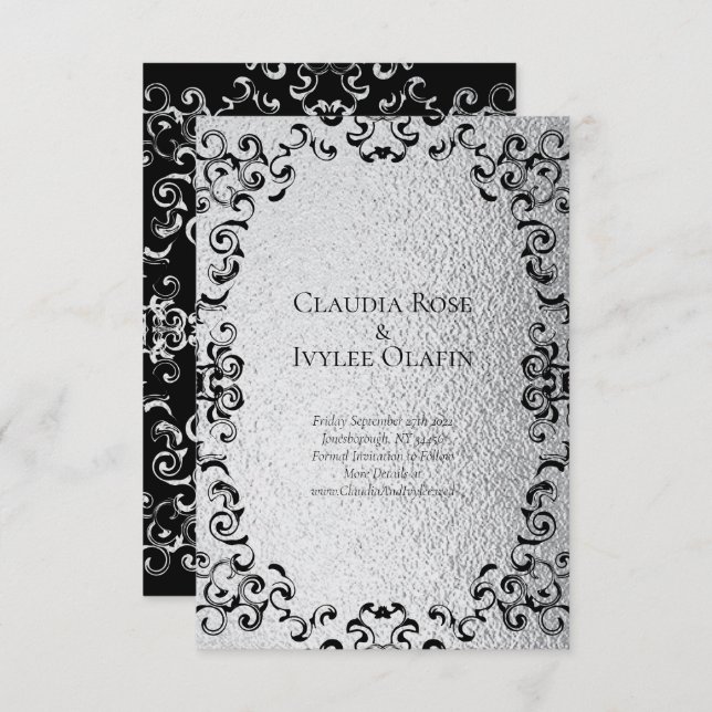 Invitation Mariage gothique argenté et noir (Devant / Derrière)