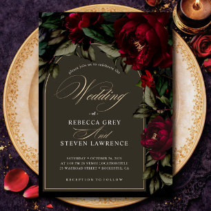 Invitation Mariage gothique chic sombre aux fleurs rouges et 