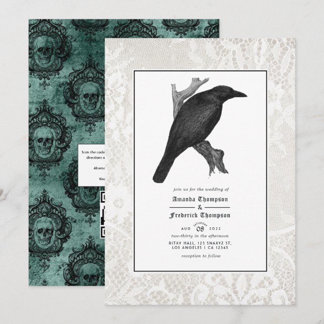 Invitation Mariage gothique corbeau et dentelle (Devant / Derrière)
