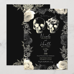 Invitation Mariage gothique crâne de squelette gris crème noi
