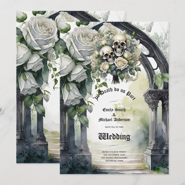 Invitation Mariage gothique Crânes noirs et blancs Crânes flo (Devant / Derrière)