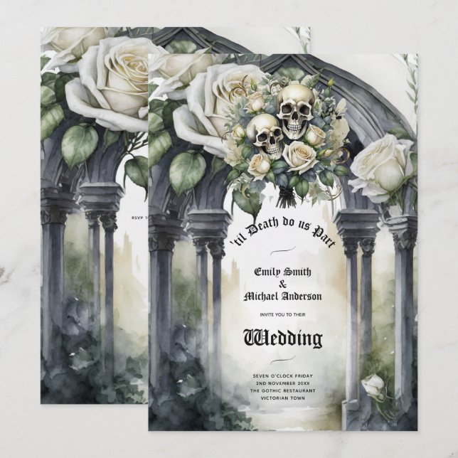 Invitation Mariage gothique Crânes noirs et blancs Crânes flo (Devant / Derrière)