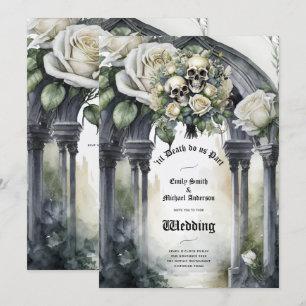 Invitation Mariage gothique Crânes noirs et blancs Crânes flo