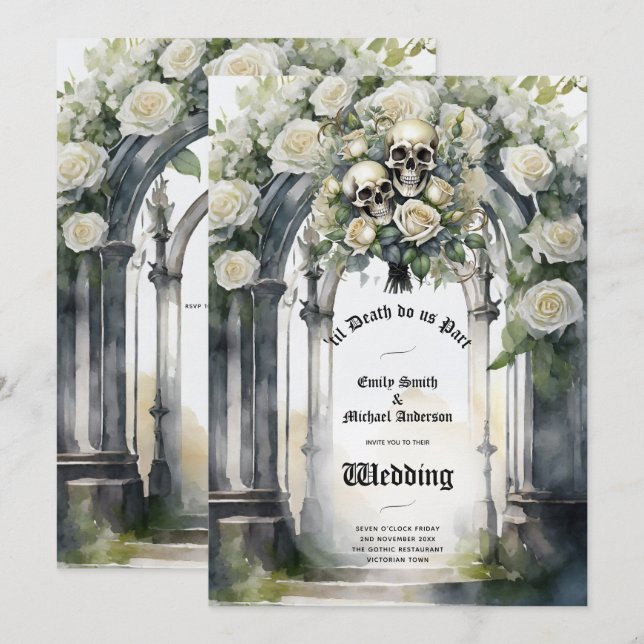 Invitation Mariage gothique Crânes noirs et blancs Crânes flo (Devant / Derrière)