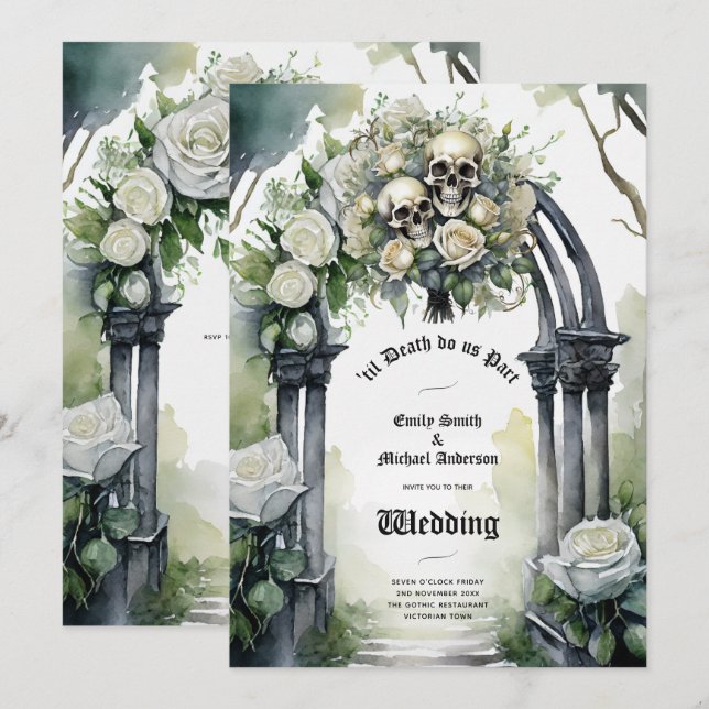 Invitation Mariage gothique Crânes noirs et blancs Crânes flo (Devant / Derrière)
