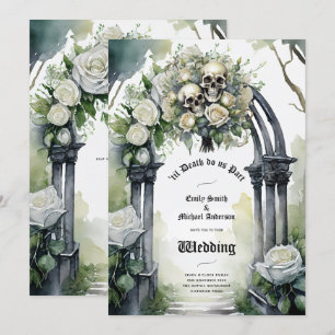 Invitation Mariage gothique Crânes noirs et blancs Crânes flo