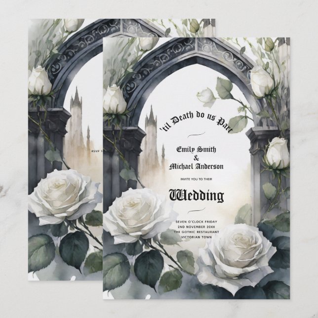Invitation Mariage gothique Crânes noirs et blancs Crânes flo (Devant / Derrière)