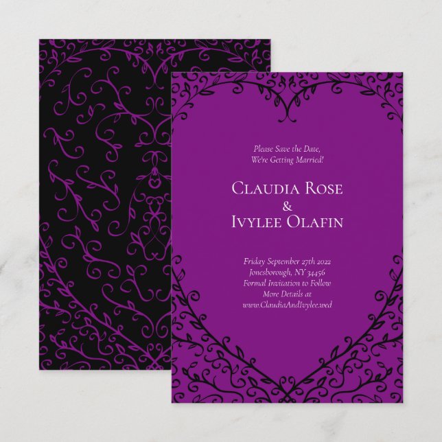 Invitation Mariage gothique du coeur mauve et noir Sauvez la  (Devant / Derrière)
