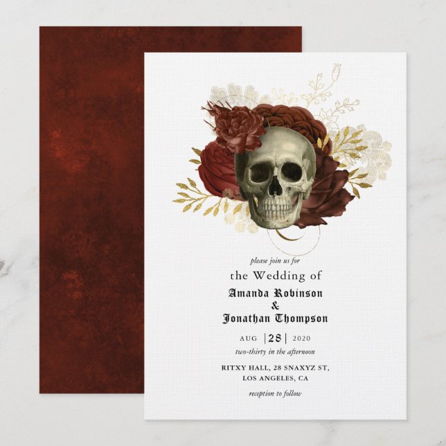 Invitation Mariage gothique du crâne floral Grunge (Devant / Derrière)