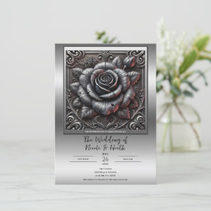 Invitation Mariage gothique élégant gris argent et rose noire