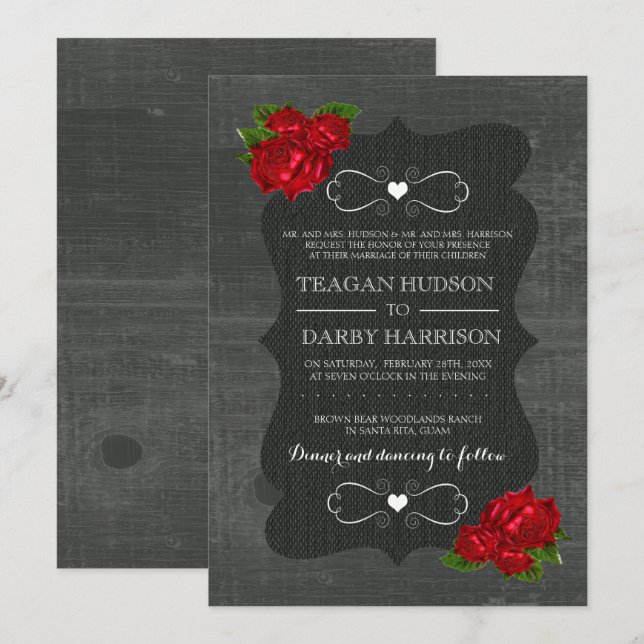 Invitation Mariage gothique en bois Rose Floral Rouge (Devant / Derrière)