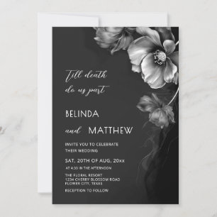 Invitation Mariage gothique Fleurs Noir Blanc et Argentées