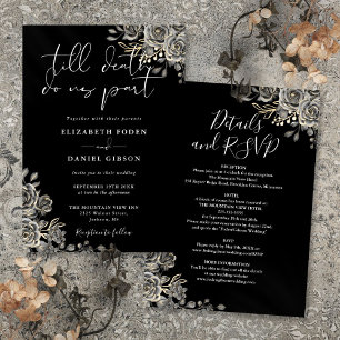 Invitation Mariage gothique floral noir et blanc tout-en-un