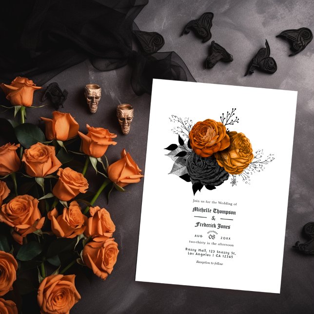 Invitation Mariage gothique floral noir et orange (Créateur téléchargé)