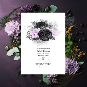 Invitation Mariage gothique floral noir, violet et argent