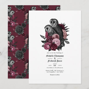Invitation Mariage gothique glamour vintage de hiboux bordeau