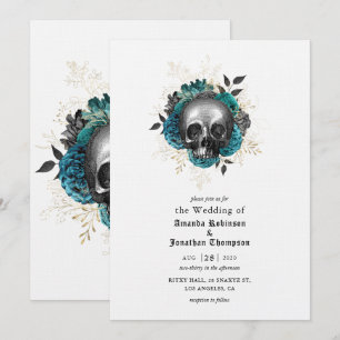 Invitation Mariage gothique Halloween crâne floral sarcelle