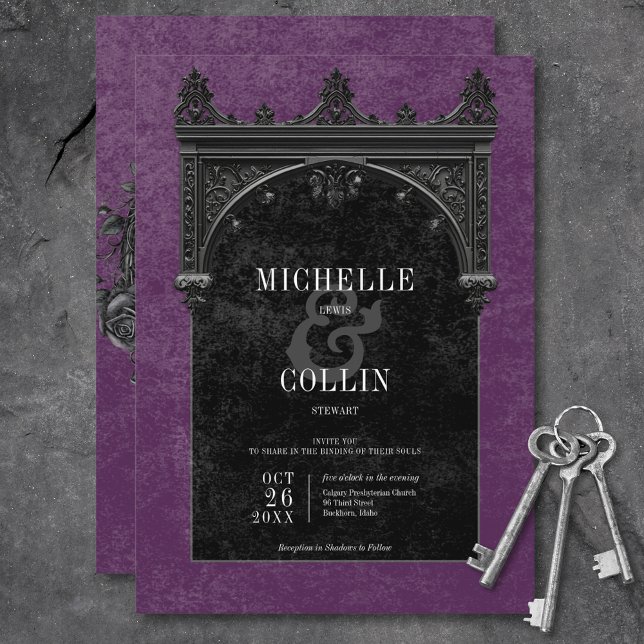 Invitation Mariage gothique noir avec arche et roses noires v (Gothic Black Arch & Black Roses Purple Wedding Invitation)