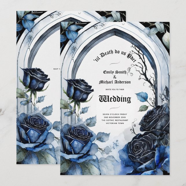 Invitation Mariage gothique Noir Bleu Rose Arch Alternative (Devant / Derrière)