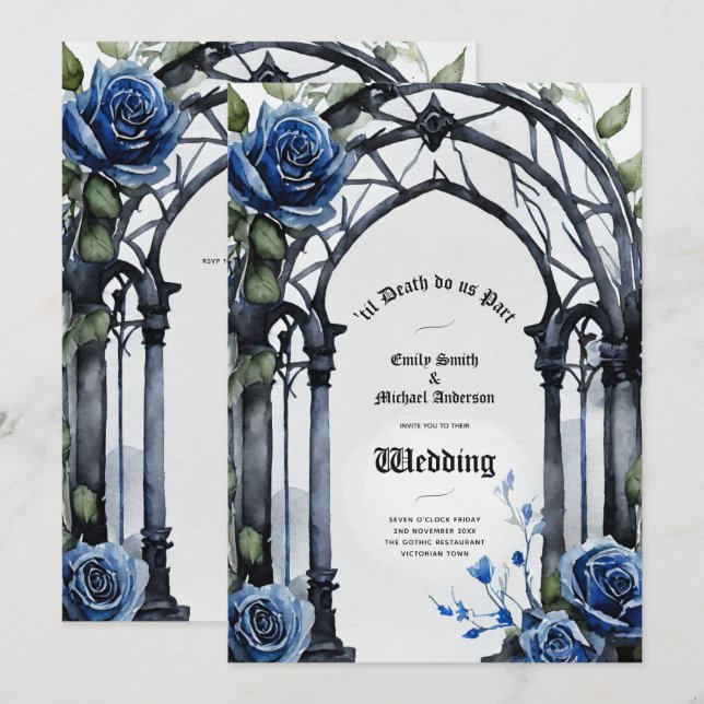 Invitation Mariage gothique Noir Bleu Rose Arch Alternative (Devant / Derrière)