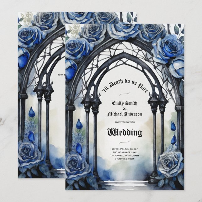 Invitation Mariage gothique Noir Bleu Rose Arch Alternative (Devant / Derrière)