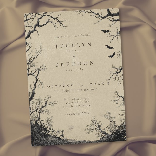 Invitation Mariage gothique noir et marron avec gravure d'arb (Gothic Bat Tree Engraving Black Tan Wedding Invitation)