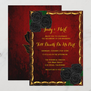 Invitation Mariage gothique noir Rose sang rouge