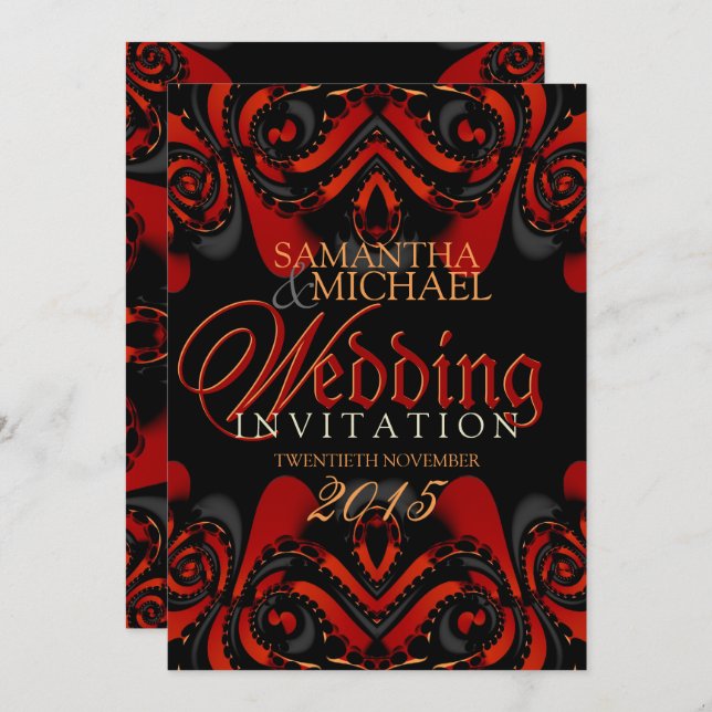 Invitation Mariage gothique noir rouge exotique (Devant / Derrière)