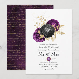 Invitation Mariage gothique noir violet et or