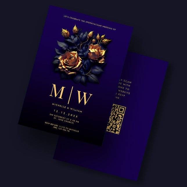 Invitation Mariage gothique Roses élégant bleu foncé or (Gothic Wedding Roses Elegant Dark Blue Gold Invitation
)