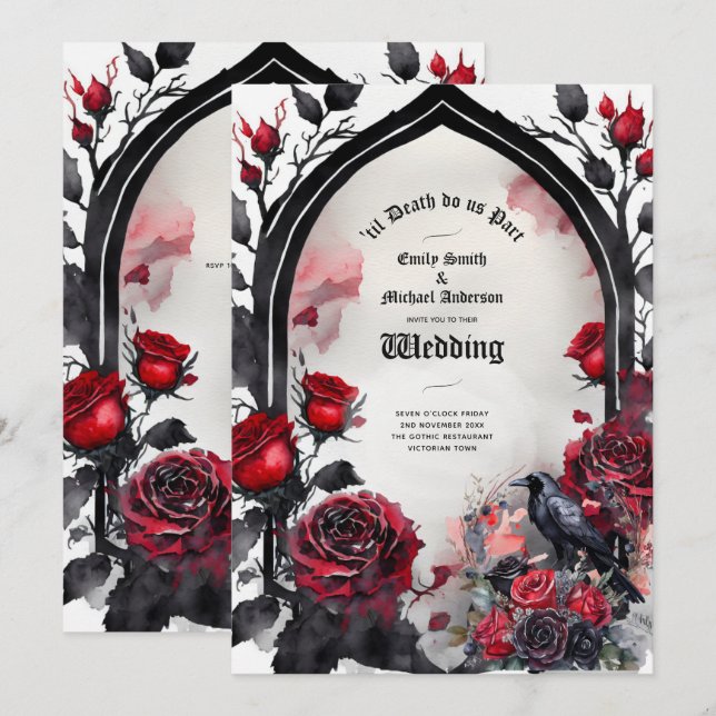 Invitation Mariage gothique Rouge noir Rose corbeau (Devant / Derrière)