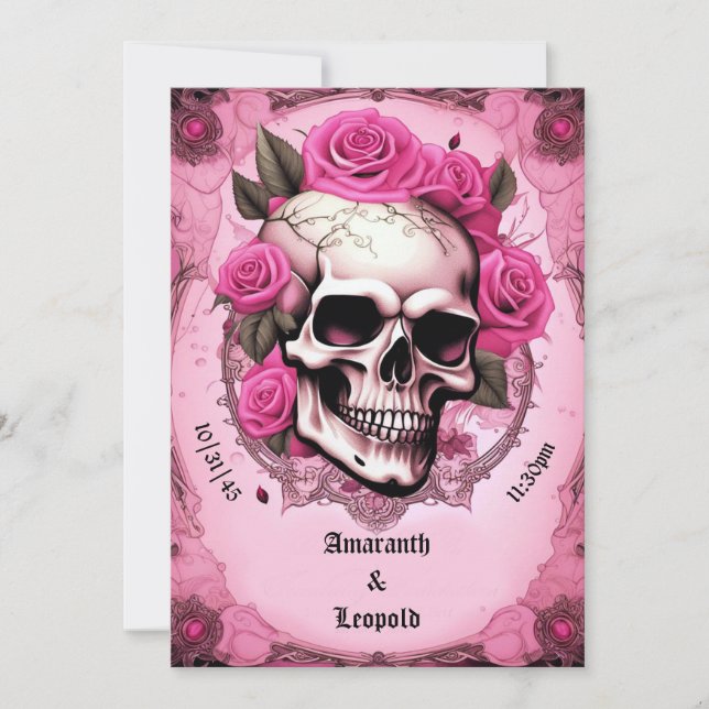 Invitation Mariage Gothique Traditionnel Crâne Et Rose (Devant)